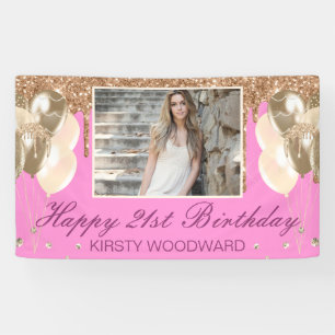 Banderoles Anniversaire Rose et Or avec Paillettes et Ballons