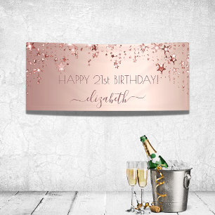 Banderoles Anniversaire rose or étoiles rose brillant