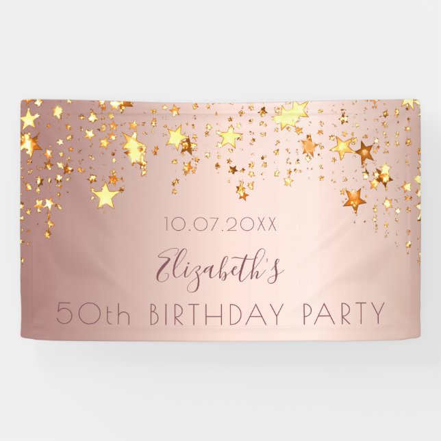 Banderoles Anniversaire rose or rose or étoiles nom (Horizontal)