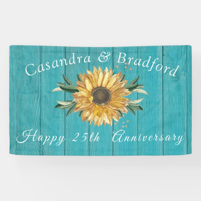 Banderoles Anniversaire rustique| Tournesol Turquoise Bois Bl (Horizontal)