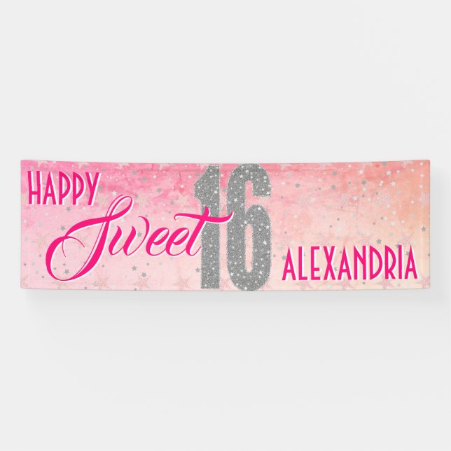 Banderoles Anniversaire seize ans | Parties scintillant rose  (Horizontal)