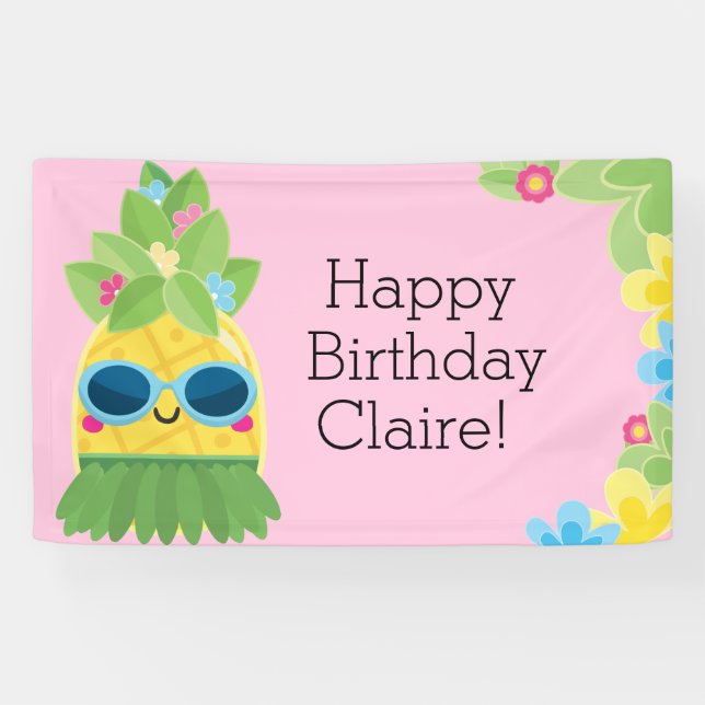 Banderoles Anniversaire Tropical Personnalisé Girly Pineappy  (Horizontal)