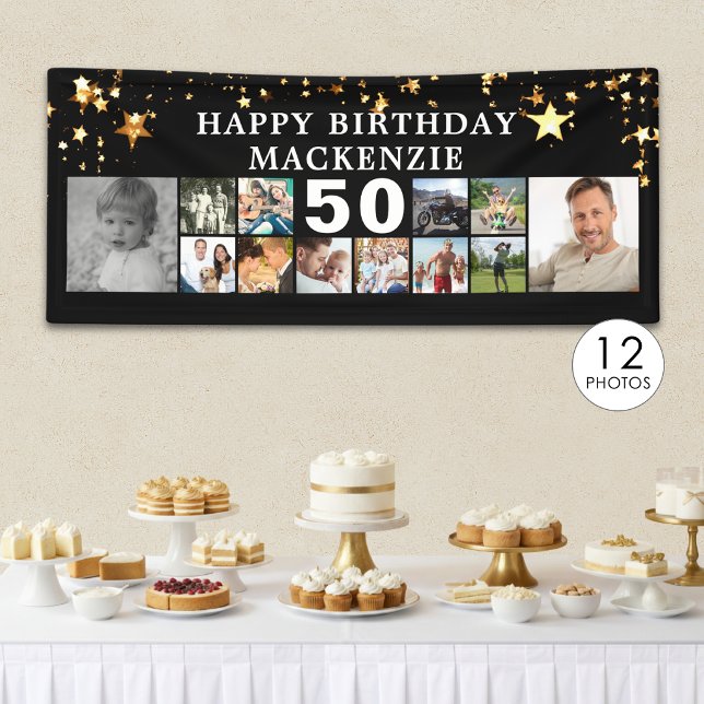 Banderoles Any Birthday 12 Photo Collage Gold Stars Black (Créateur téléchargé)