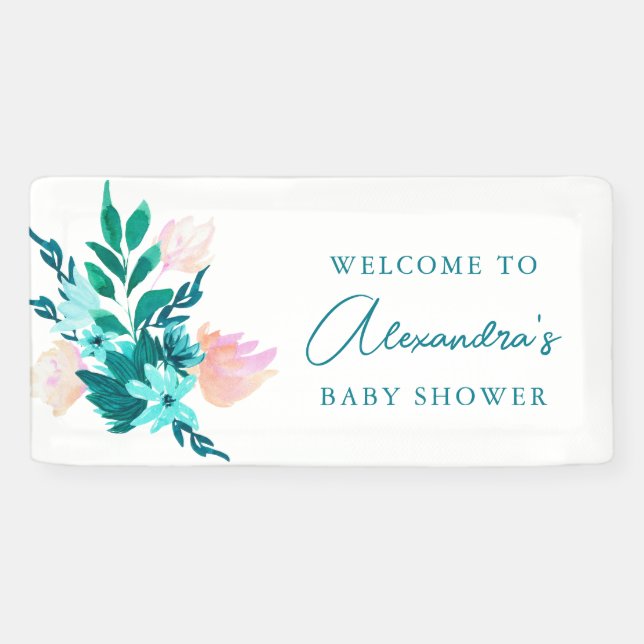 Banderoles Aqua Blue Green Aquarelle Baby shower Floral (Horizontal)