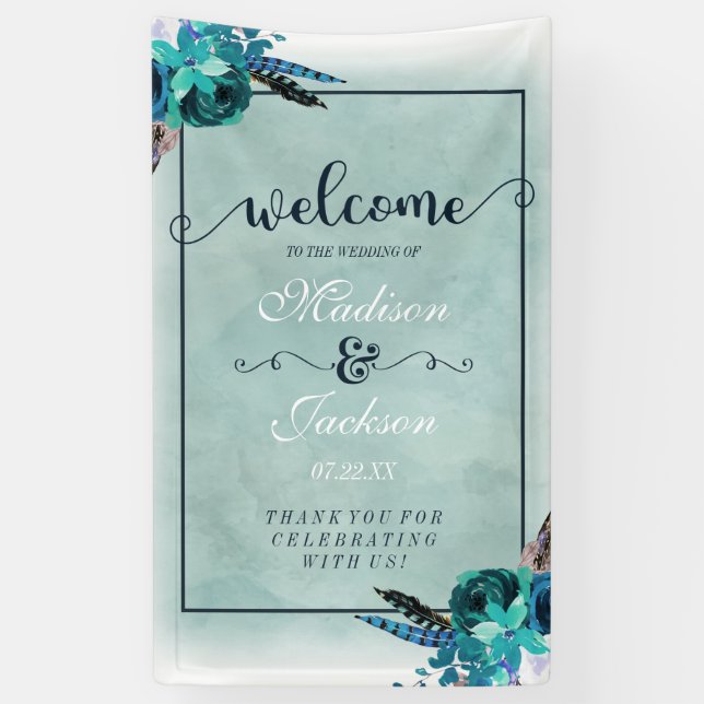 Banderoles Aqua & Navy Blue Watercolor Mariage Floral Bienven (Vertical)