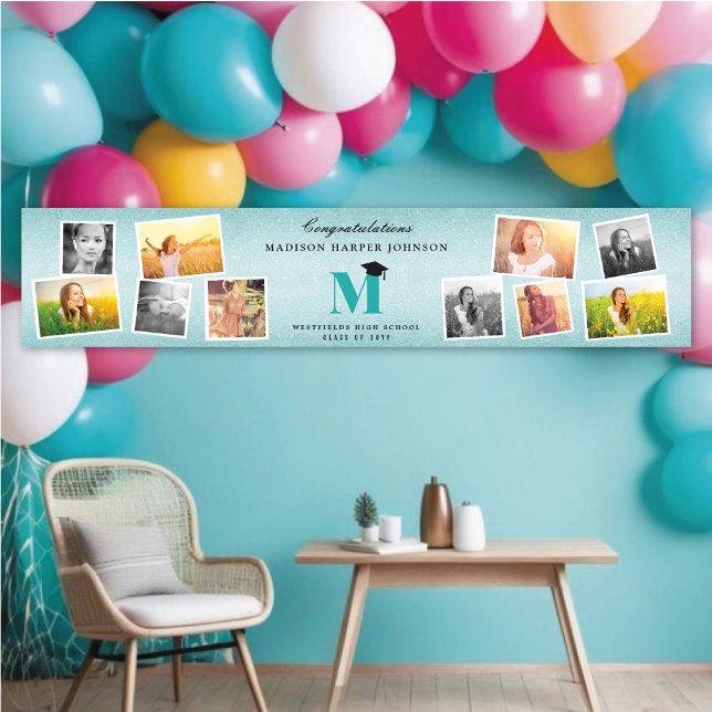 Banderoles Aqua Parties scintillant Monogramme 10 Photo Gradu (Aqua Glitter Name Monogram Stylish 10 Photo Graduation Party Banner @ www.zazzle.com/color_therapy)
