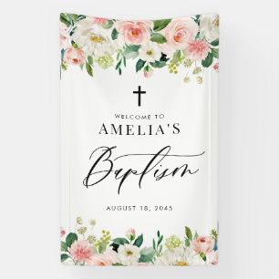 Banderoles Aquarelle Baptême Floral Blanc et Blush