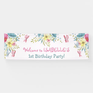 Banderoles Aquarelle Bleu rose Flores Papillons Anniversaire