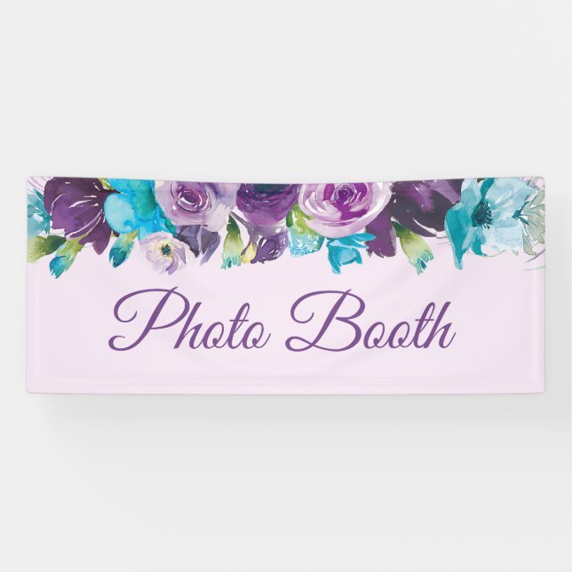 Banderoles Aquarelle bleu violet Floral Booth (Horizontal)