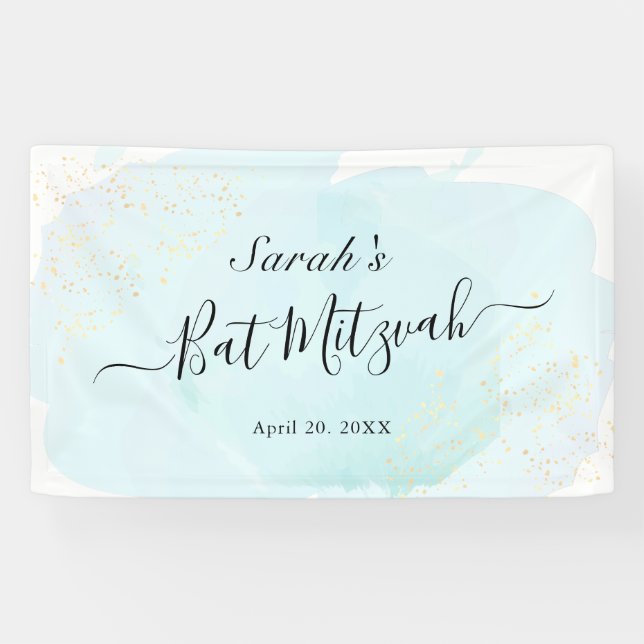 Banderoles Aquarelle bleu x Bat mitzvah or (Horizontal)