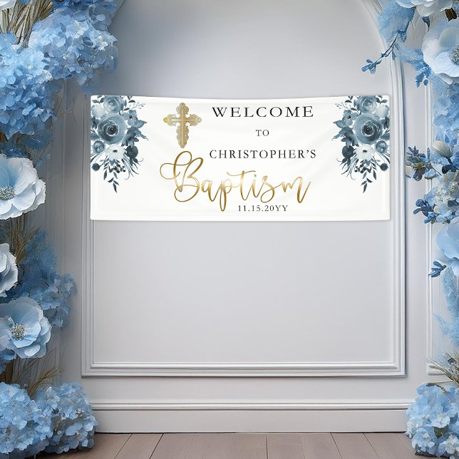 Banderoles Aquarelle bleue Floral | Faux Gold Boy Baptism (Elegant Blue Watercolor Floral Faux Gold Boy Baptism Banner)