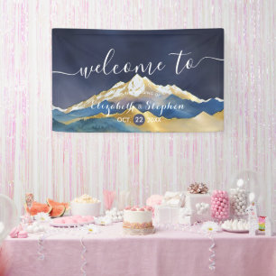 Banderoles Aquarelle Blue Gold Foil Mountain Mariage Bienvenu