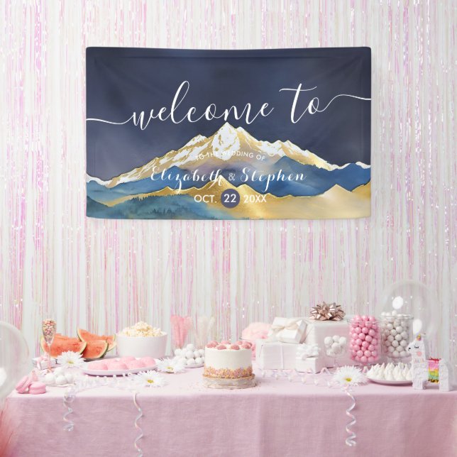 Banderoles Aquarelle Blue Gold Foil Mountain Mariage Bienvenu (Fête)