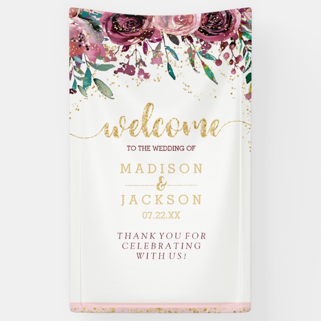 Banderoles Aquarelle Blush & Gold Mariage Floral Bienvenue (Vertical)