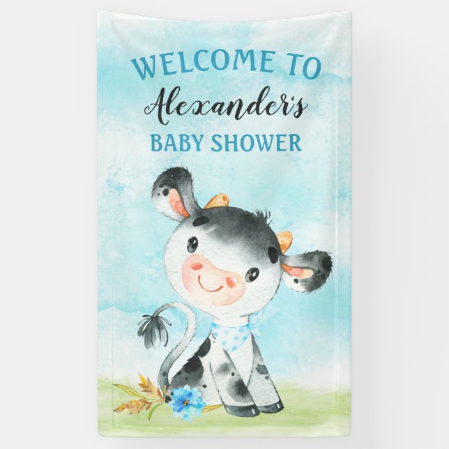Banderoles Aquarelle Boy Cow Baby shower FarmBaby Showe (Vertical)