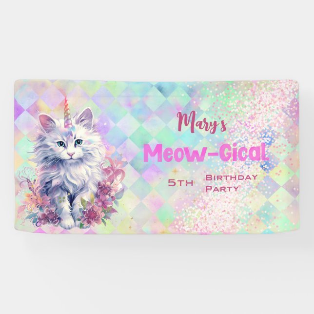 Banderoles Aquarelle Caticorn Meow-Gical Anniversaire (Horizontal)