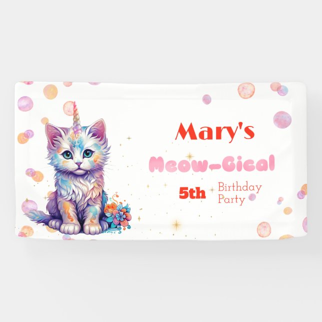 Banderoles Aquarelle Caticorn Meow-Gical Anniversaire (Horizontal)
