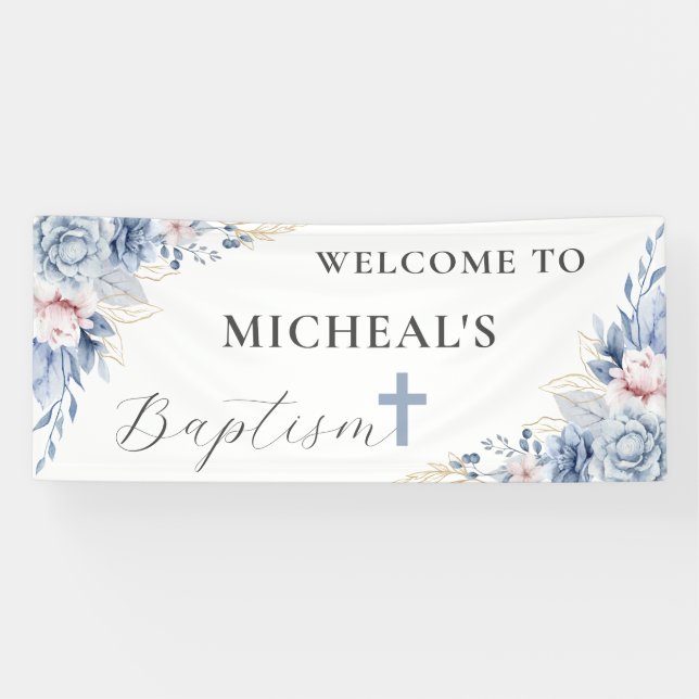 Banderoles Aquarelle Chic Dusty Bleu Floral Baby Boy Baptême