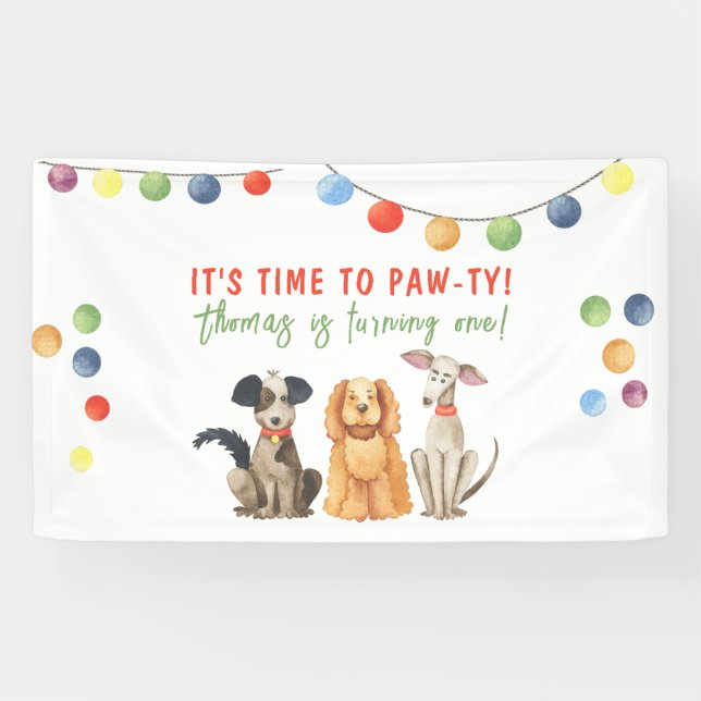 Banderoles Aquarelle Chien premier anniversaire Paw ty (Horizontal)
