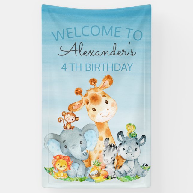 Banderoles Aquarelle Cute Safari Jungle Animaux Anniversaire (Vertical)