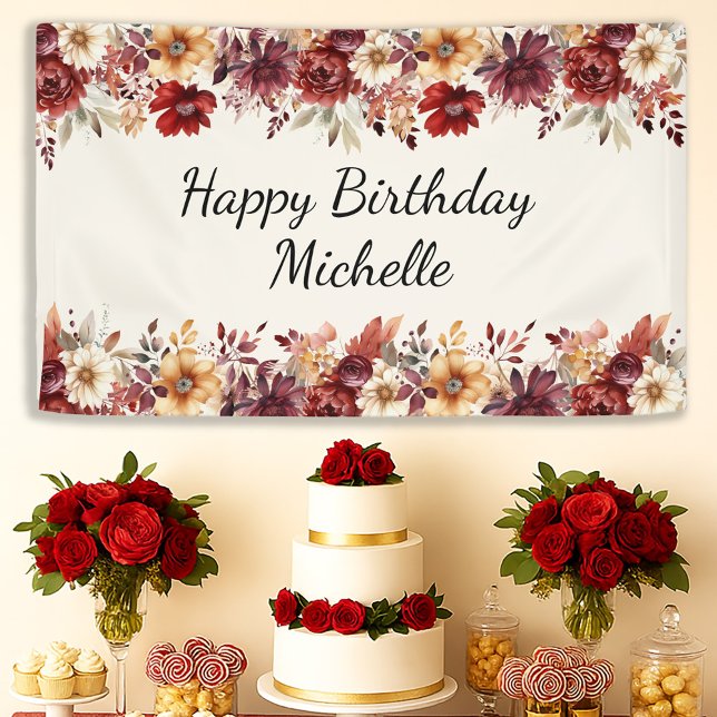 Banderoles Aquarelle de crème bourguignonne Floral Joyeux ann (Burgundy watercolor floral "Happy Birthday" banner personalized with your text)