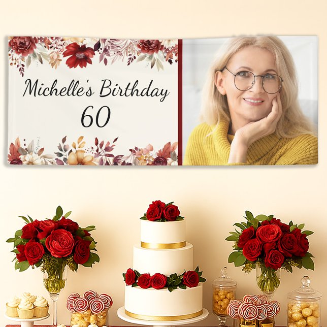 Banderoles Aquarelle de la crème bourguignonne Floral 60e ann (Burgundy and cream watercolor floral 60th birthday party photo banner)