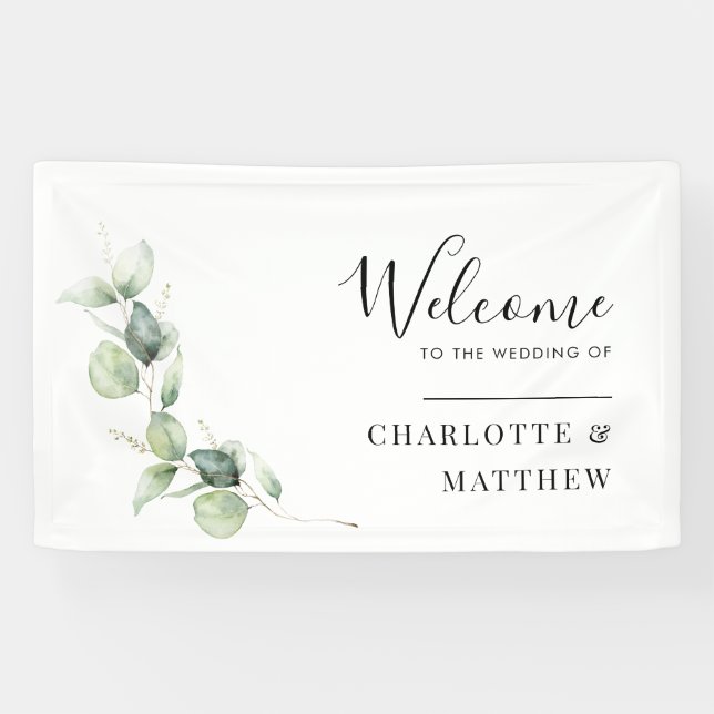 Banderoles Aquarelle Eucalyptus Minimaliste Mariage Accueil (Horizontal)