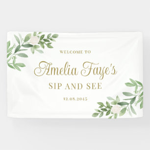 Banderoles Aquarelle Fleurs Blanches et Feuillage Sip and See