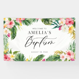 Banderoles Aquarelle Fleurs tropicales Cadre Baptême