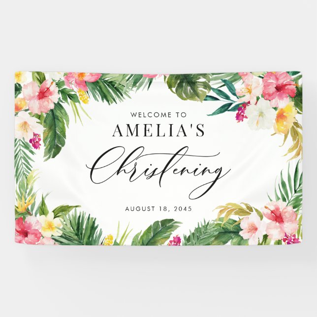 Banderoles Aquarelle Fleurs tropicales Cadre Christening (Horizontal)