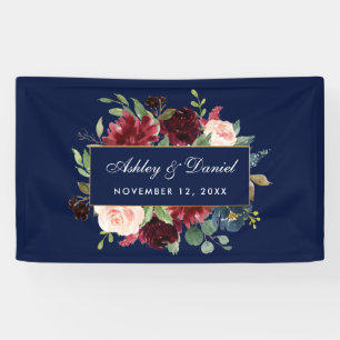 Banderoles Aquarelle Floral Burgundy Blue Gold Mariage