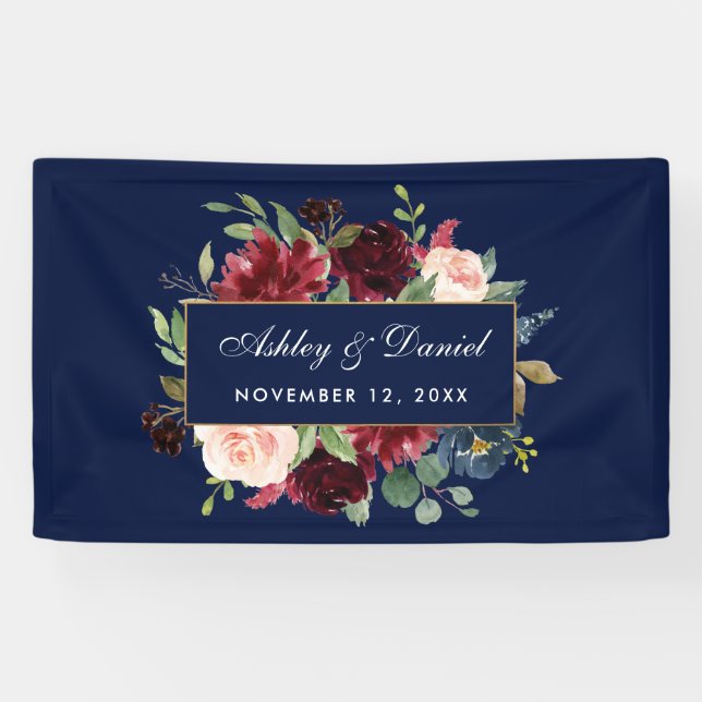 Banderoles Aquarelle Floral Burgundy Blue Gold Mariage (Horizontal)