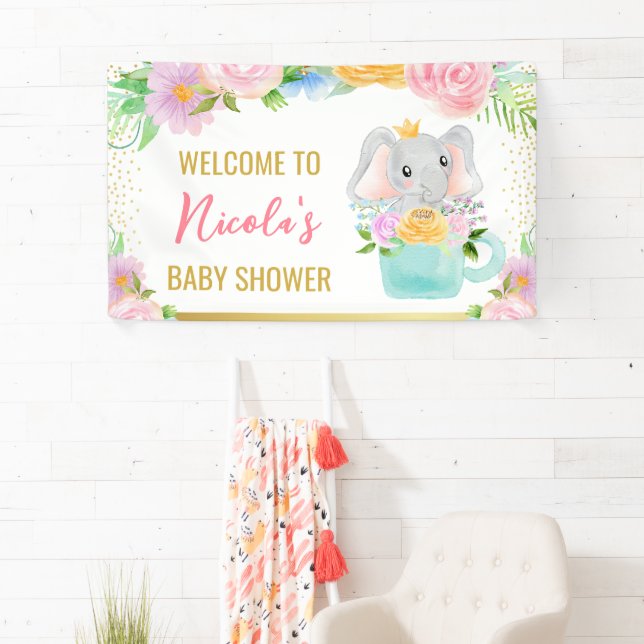 Banderoles Aquarelle Floral Cute Elephant Baby shower (En situation)