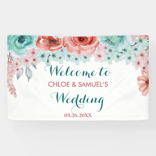 Banderoles Aquarelle florale Coral rose Aqua Mariage fond (Horizontal)