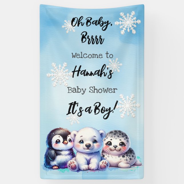 Banderoles Aquarelle Hiver Animaux Baby shower polaire (Vertical)