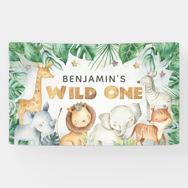 Banderoles Aquarelle Jungle Animaux sauvages Un Anniversaire  (Horizontal)