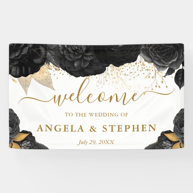 Banderoles Aquarelle noir et or Fleurs Mariage (Horizontal)