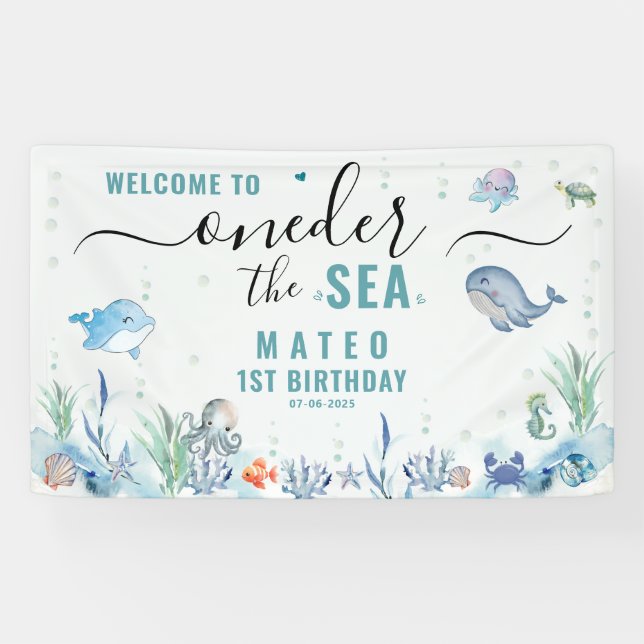Banderoles Aquarelle One der La mer 1er anniversaire Bienvenu (Horizontal)