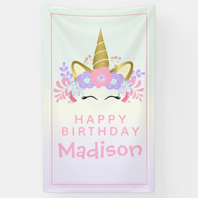 Banderoles Aquarelle Rainbow Unicorn Anniversaire (Vertical)