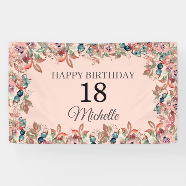 Banderoles Aquarelle rose Turquoise Floral 18e Anniversaire B (Horizontal)