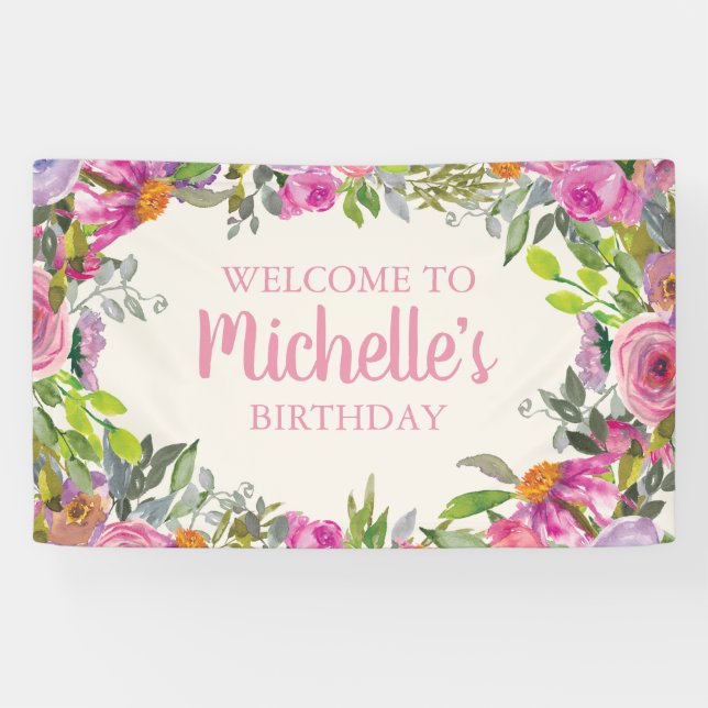 Banderoles Aquarelle rose violet Fleur sauvage Anniversaire B (Horizontal)