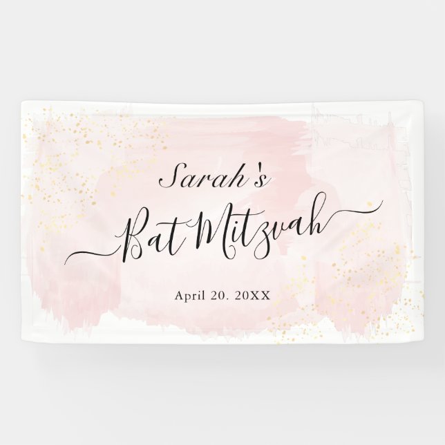 Banderoles Aquarelle rose x Bat mitzvah or (Horizontal)