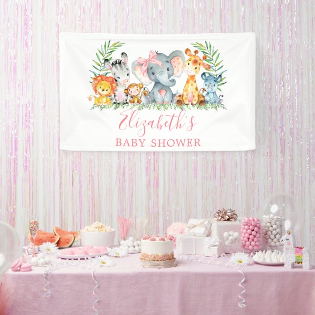 Banderoles Aquarelle Safari Animaux Baby shower Bow rose (Fête)