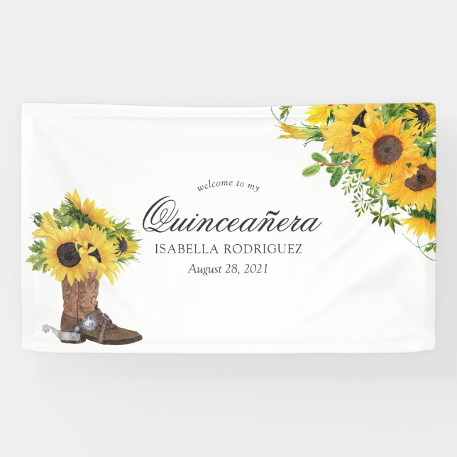Banderoles Aquarelle Tournesol Rustique Ouest Quinceañera (Horizontal)