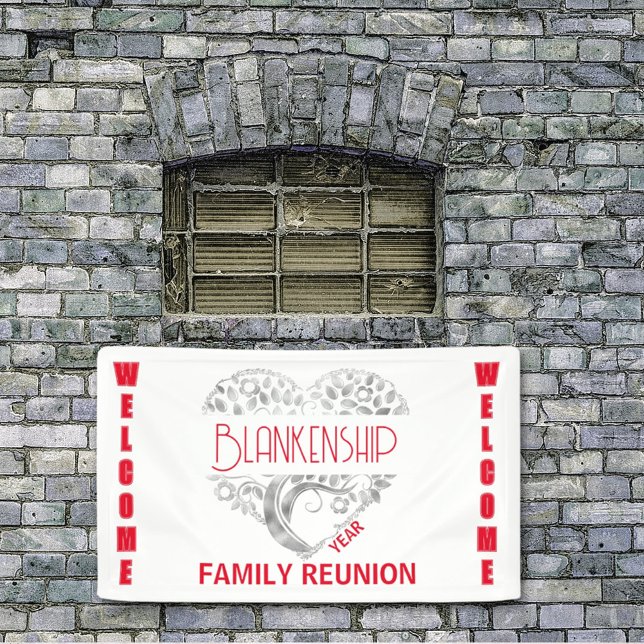 Banderoles Arbre d'art cardiaque personnalisé blanc rouge hor (Give your family a warm WELCOME at the reunion with a custom banner featuring a silver heart tree, )