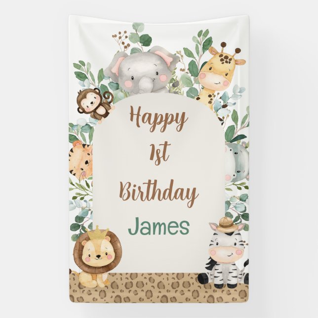 Banderoles Arch Foliage Safari Party Animaux 1er anniversaire (Verticale)