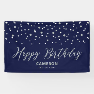 Banderoles Argent et Hexagon bleu Confetti Joyeux anniversair