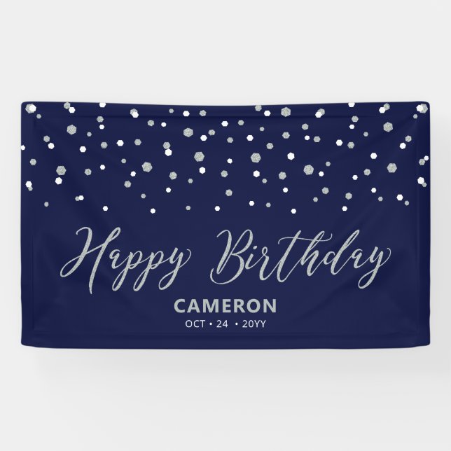 Banderoles Argent et Hexagon bleu Confetti Joyeux anniversair (Horizontal)