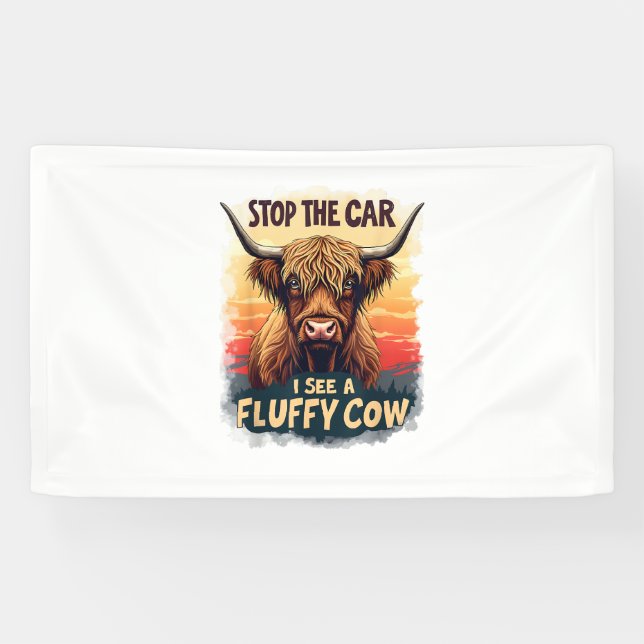 Banderoles Arrêtez La Voiture Je Vois Fluffy Cow Retro Highla (Horizontal)