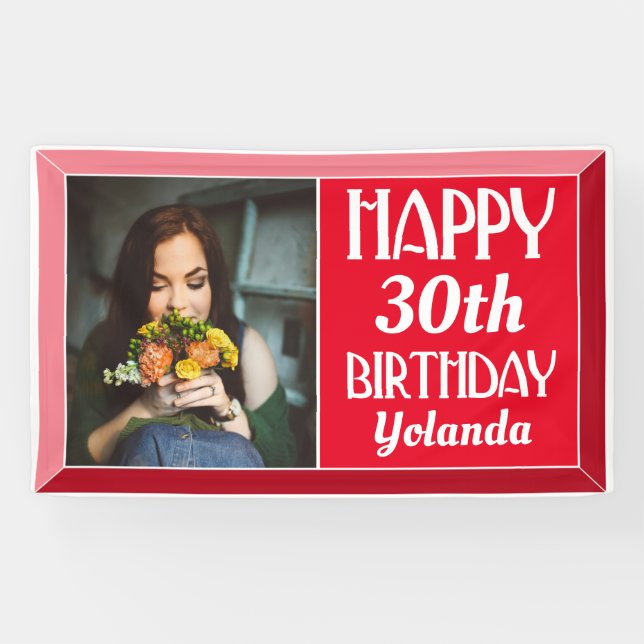 Banderoles Art Déco Rouge Beveled Photo Anniversaire (Horizontal)